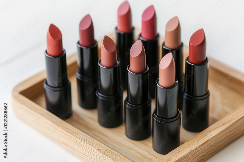 Obraz premium Cruelty-free wellness through a vegan lifestyle. Lipsticks arranged neatly in a wooden tray, showcasing various shades.