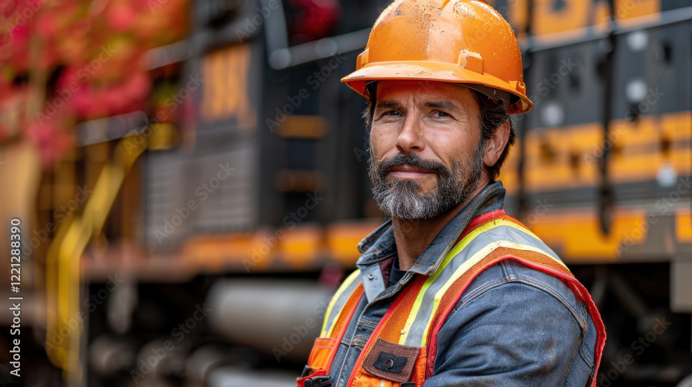 Construction worker in high visibility vest and hard hat, smiling confidently. background features train, showcasing vibrant work environment Construction worker in high visibility vest and hard hat, smiling confidently. background features train, showcasing vibrant work environment