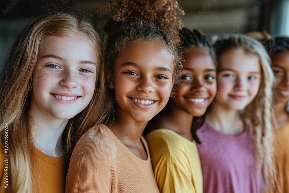 Diverse group of girls smiling and standing closely together in brightly colored shirts Diverse group of girls smiling and standing closely together in brightly colored shirts