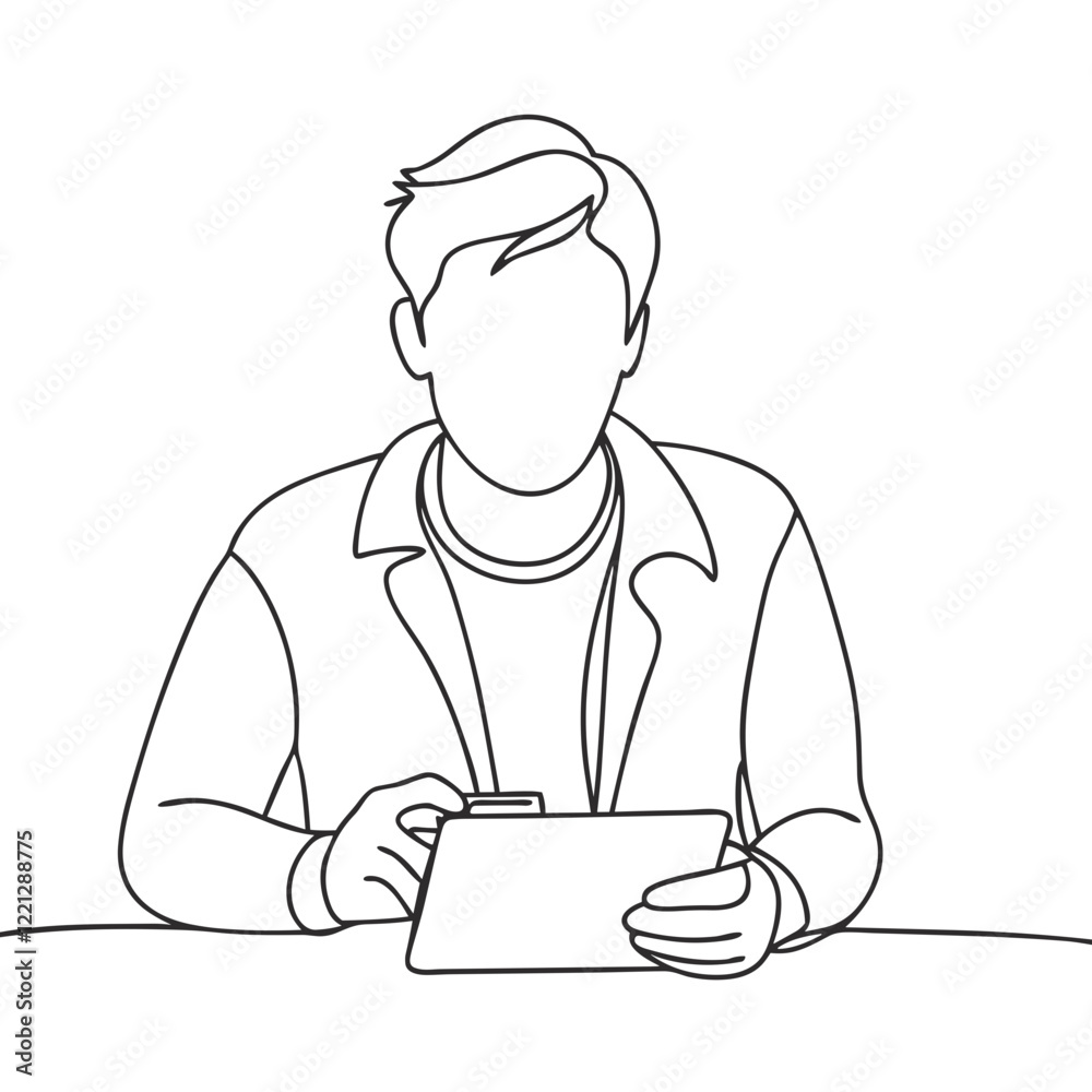 Line art illustration of a person holding a tablet and preparing to write Line art illustration of a person holding a tablet and preparing to write