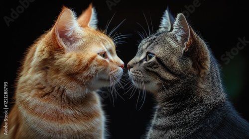 Two tabby cats are playfully interacting on a black background.
