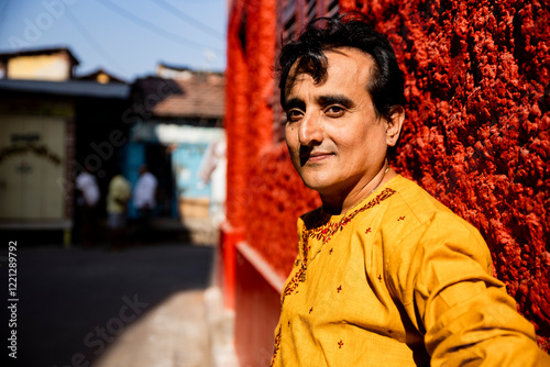 An indian man wearing an indian traditional bengali red dhoti and orange kurta posing outdoor fr a shoot in the streets of kolkata