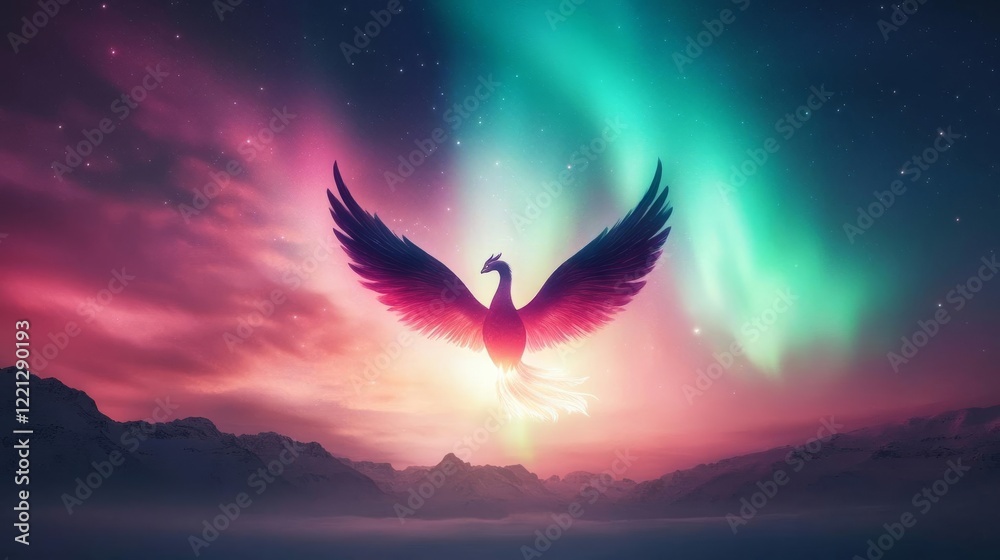 Fototapeta premium Celestial phoenix glowing softly under a radiant aurora-filled night sky