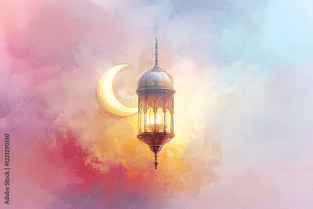 Obraz premium Luxurious Red Draped Window in a Grand Historical Room, Golden crescent and lantern on ramadan greeting card. Ramazan mubarak or kareem background for arabic holiday. Al-adha and hari raya celebration