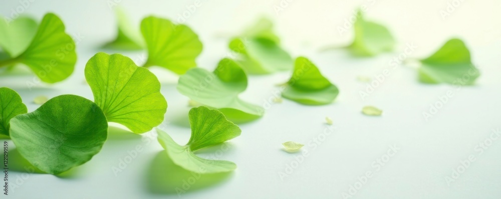 Naklejka premium Ginkgo biloba leaves scattered on a white surface, scatter, ginkgo biloba