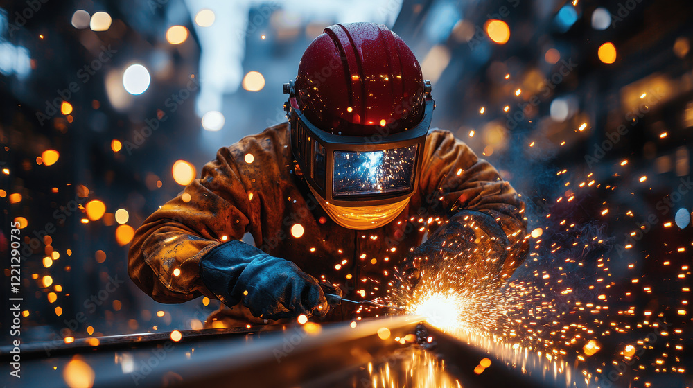 Skilled welder working intensely on a metal structure under evening city lights Skilled welder working intensely on a metal structure under evening city lights