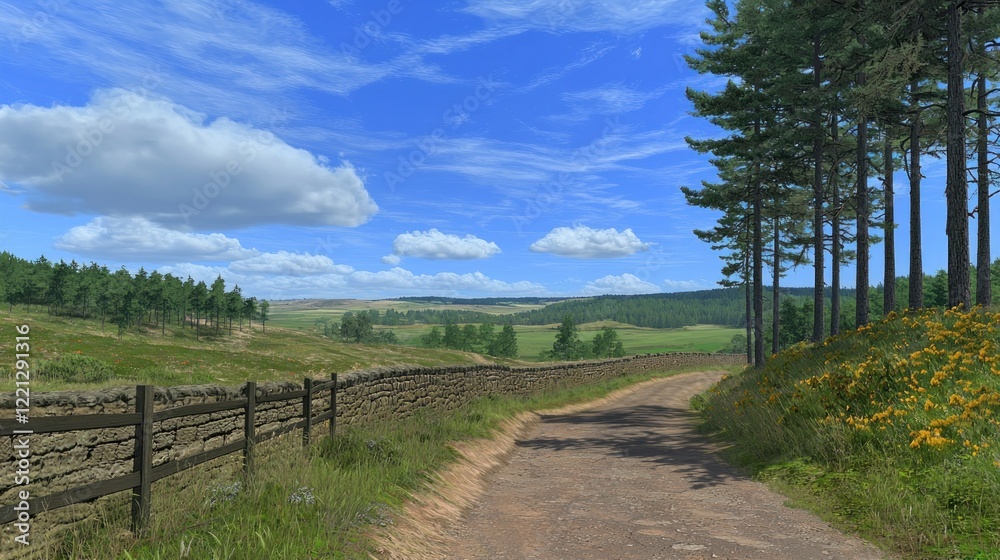 Sunny rural road, stone wall, pines, hills, summer Sunny rural road, stone wall, pines, hills, summer