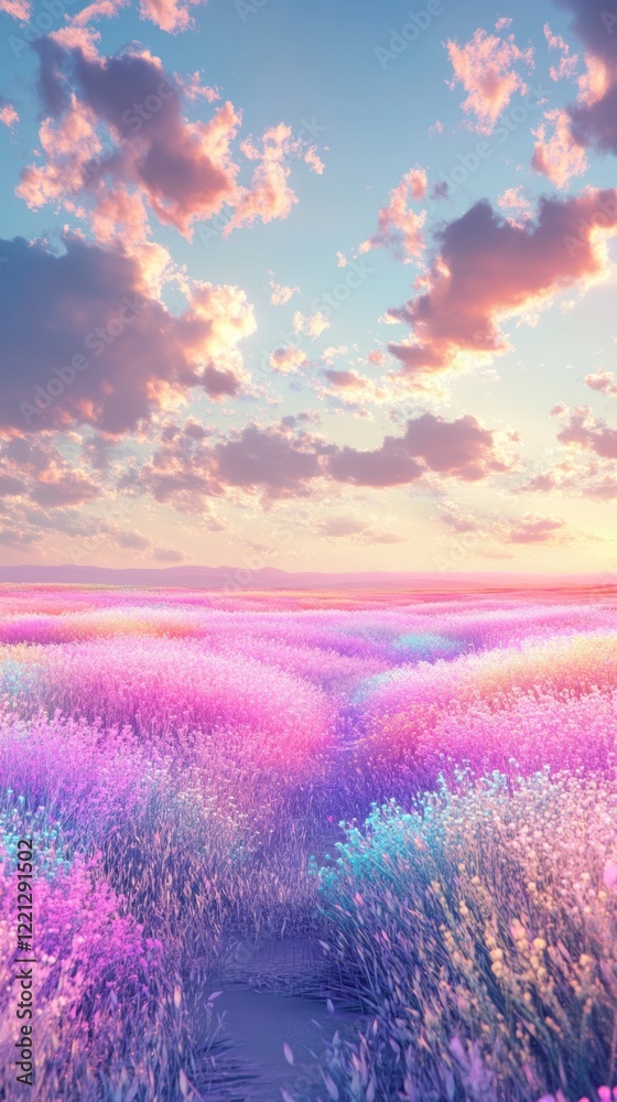 Fototapeta premium Breathtaking landscape of a vast lavender field bathed in the warm vibrant glow of a stunning sunset sky The serene ethereal scene exudes a sense of tranquility and natural beauty