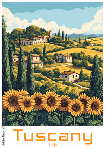 Tuscan Village Vector Illustration - Sunflowers and Rolling Hills