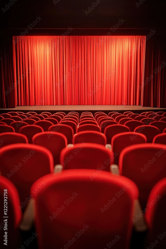 Fototapeta premium A theater scene with red seats and a vibrant curtain backdrop.