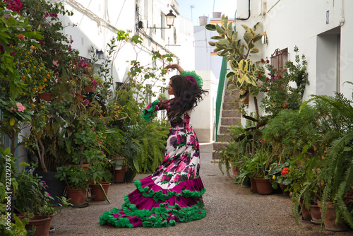 Young woman, beautiful, brunette, flamenco dancer, with a beautiful dress, dancing inside a nice and typical Andalusian courtyard full of flowerpots. Flamenco concept, dancer, Spanish, Seville.