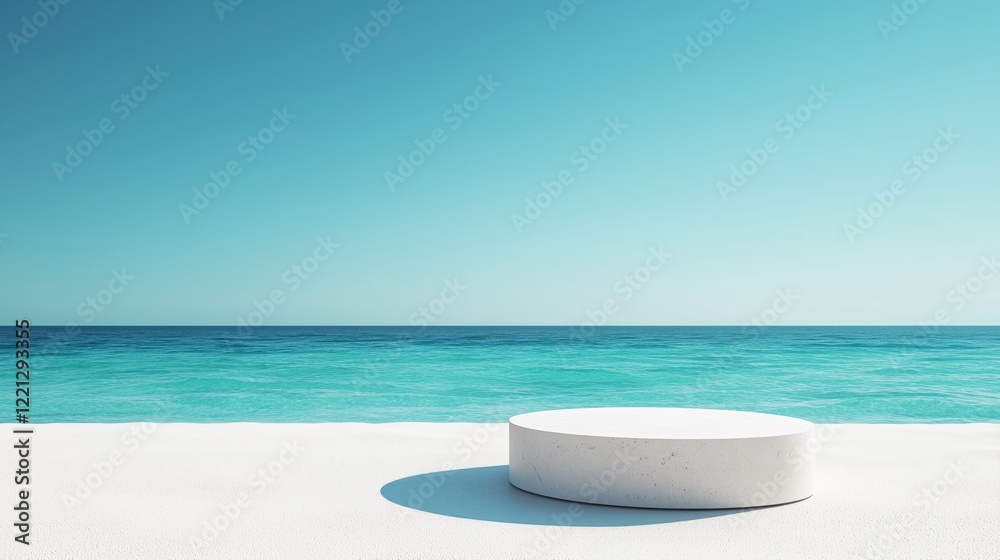 A modern circular podium set against a serene beach backdrop, with sparkling ocean waves and a sunny sky enhancing the display setting. A modern circular podium set against a serene beach backdrop, with sparkling ocean waves and a sunny sky enhancing the display setting.