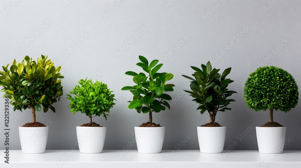 Fototapeta premium Five potted plants in a row against a gray background. A serene and minimalist home decor image showcasing the beauty of nature indoors.