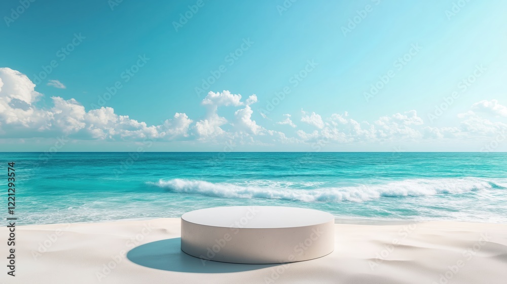 Fototapeta premium A modern circular podium set against a serene beach backdrop, with sparkling ocean waves and a sunny sky enhancing the display setting.