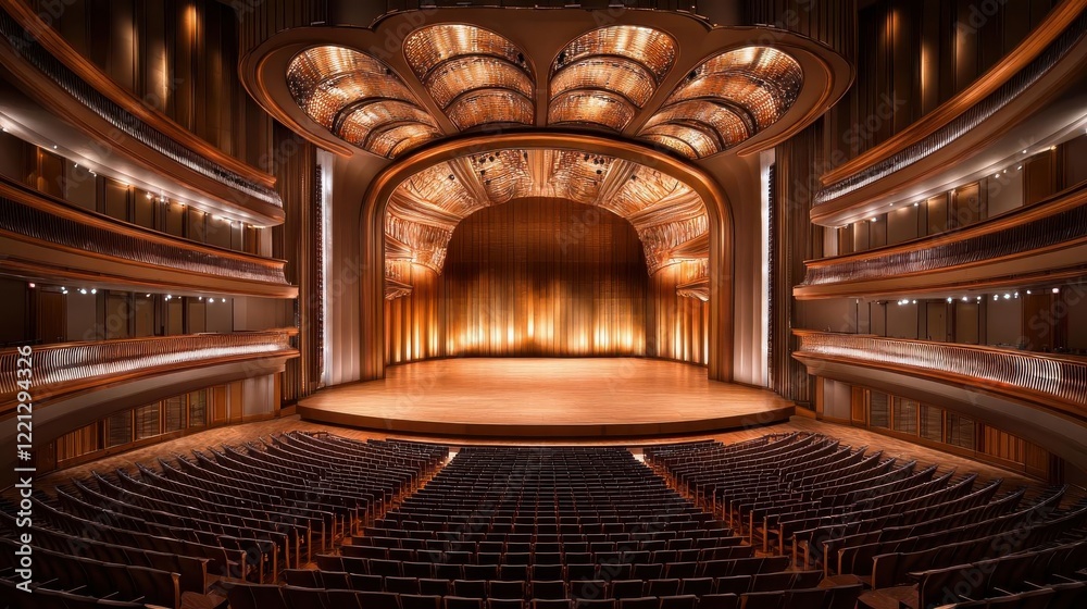 Fototapeta premium Elegant theater interior featuring seats and grand stage design.
