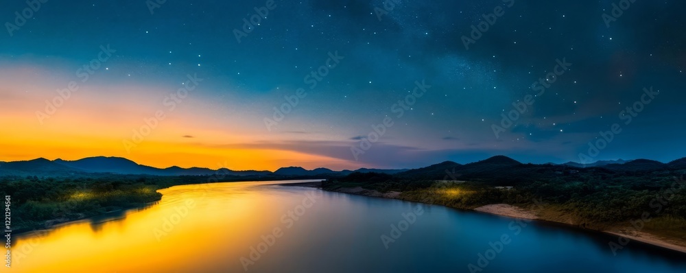 Fototapeta premium Golden aura illuminating a tranquil river under a serene, starlit sky