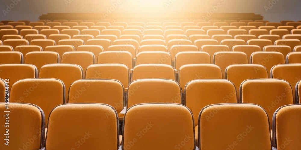 Fototapeta premium Empty theater seats illuminated by soft golden light.