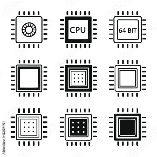 a set of simple, black and white vector icons representing different CPU chips.