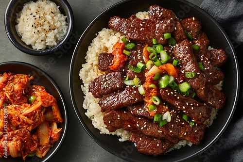 A stylish presentation of Korean BBQ beef bulgogi, served with a side of kimchi and rice.