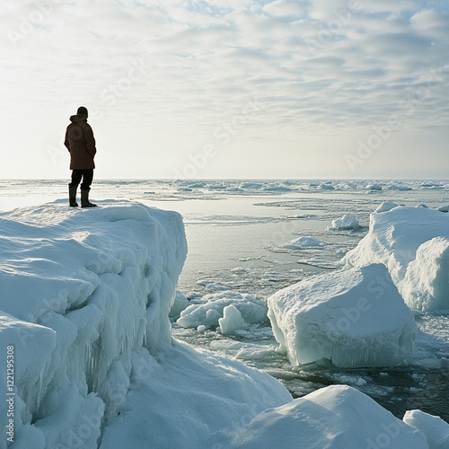 A person wearing warm stands on the edge of an ice block and looks seawater in front of them, a sky background, a grayish-white snow scene, snow-covered coastal areas, and large blocks of white, trans