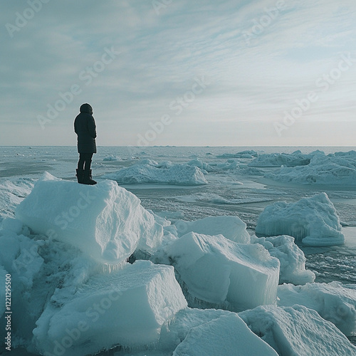 A person wearing warm stands on the edge of an ice block and looks seawater in front of them, a sky background, a grayish-white snow scene, snow-covered coastal areas, and large blocks of white, trans