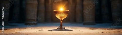 Golden chalice glowing with celestial energy on an ancient altar photo
