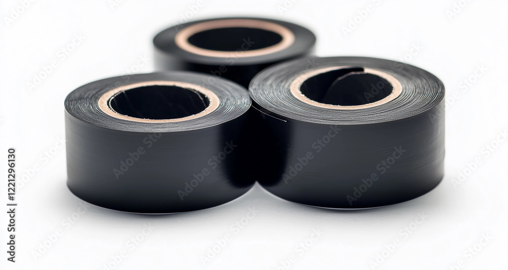 Stock image of Black sticky tapes isolated on a white background, concept of industrial and office materials at display Stock image of Black sticky tapes isolated on a white background, concept of industrial and office materials at display