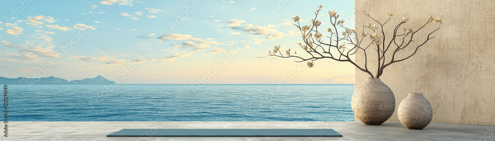 Serene ocean view with yoga mat and decorative pots. Serene ocean view with yoga mat and decorative pots.