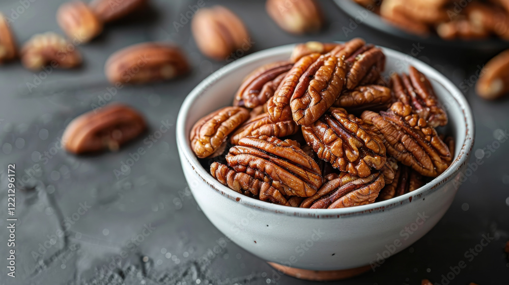 Delicious pecan nuts in white bowl, showcasing their rich texture and flavor, perfect for snacking or baking. Enjoy natural goodness of these nutritious nuts! Delicious pecan nuts in white bowl, showcasing their rich texture and flavor, perfect for snacking or baking. Enjoy natural goodness of these nutritious nuts!