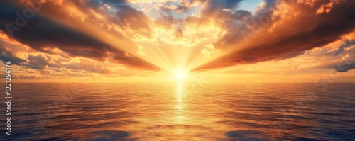 Golden divine aura enveloping a tranquil ocean at sunset