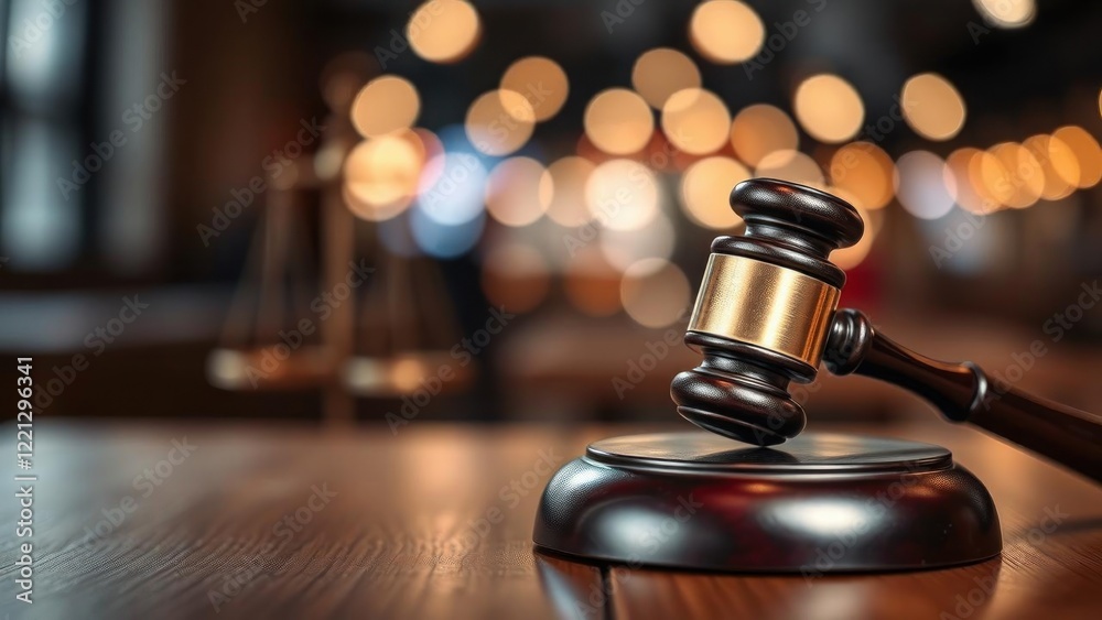 Gavel on Wooden Table in Courtroom Setting Gavel on Wooden Table in Courtroom Setting
