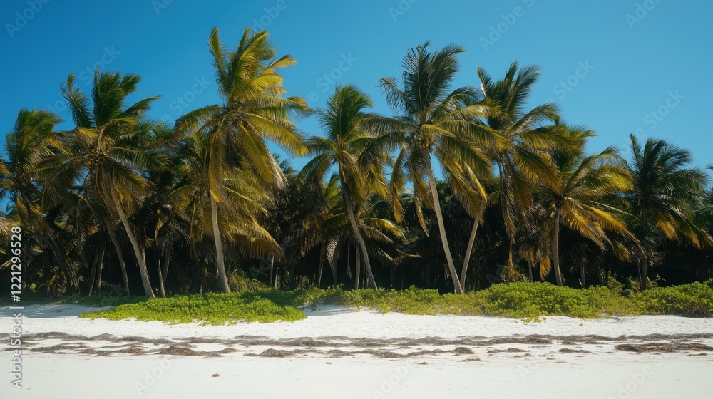 A serene tropical beach with swaying palm trees, golden sand, and a clear blue sky, basking in the warmth of hot weather. A serene tropical beach with swaying palm trees, golden sand, and a clear blue sky, basking in the warmth of hot weather.