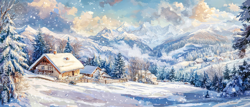 Wallpaper Mural Picturesque winter landscape with village,mountains and cozy wooden chalets. Generative ai Torontodigital.ca