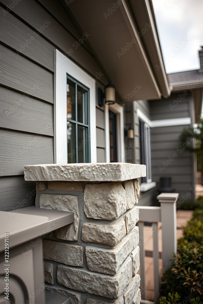 Modern House Exterior with Stone Column and Grey Siding: Architectural Design and Real Estate Photography Modern House Exterior with Stone Column and Grey Siding: Architectural Design and Real Estate Photography