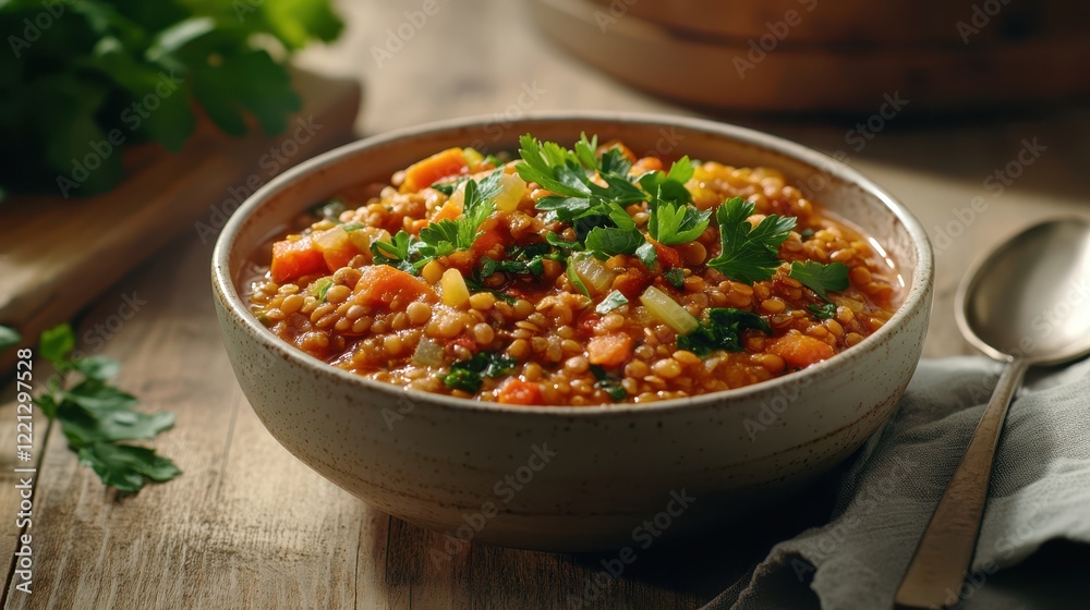 Plant-based lentil stew filled with fresh carrots, celery, tomatoes, and spinach, garnished with parsley and served in a rustic bowl on a wooden table, with a spoon and napkin on the side. Plant-based lentil stew filled with fresh carrots, celery, tomatoes, and spinach, garnished with parsley and served in a rustic bowl on a wooden table, with a spoon and napkin on the side.