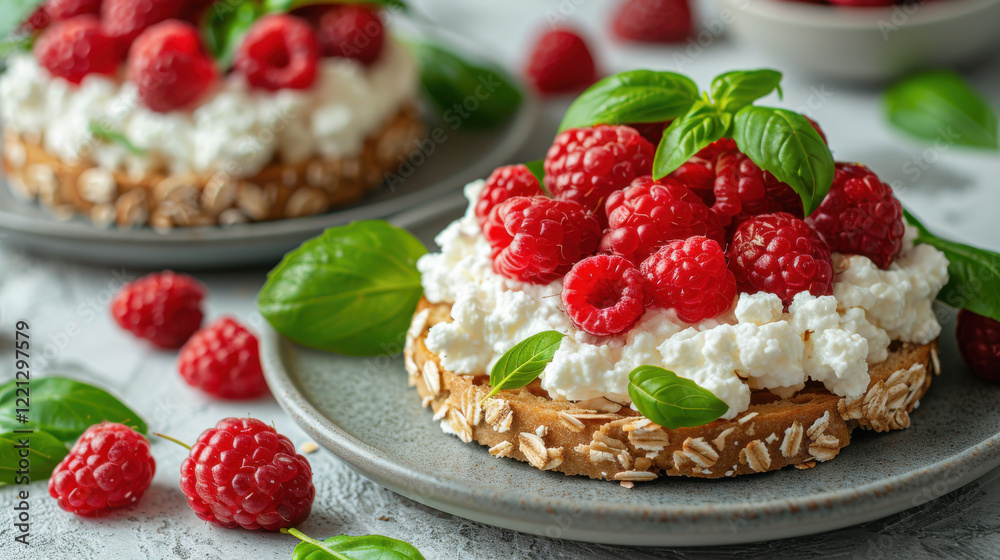Delicious sandwich slices topped with fresh raspberries and basil leaves, creating vibrant and appetizing presentation. Perfect for healthy snack or dessert Delicious sandwich slices topped with fresh raspberries and basil leaves, creating vibrant and appetizing presentation. Perfect for healthy snack or dessert