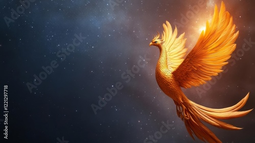 Golden phoenix glowing with divine energy as it ascends into the stars photo