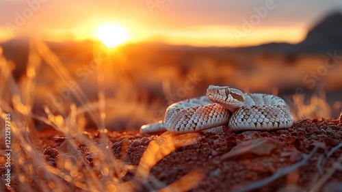 Rattlesnake in Desert: A western diamondback rattlesnake coiled on red desert sand. Reptile. Wildlife. Snakes.