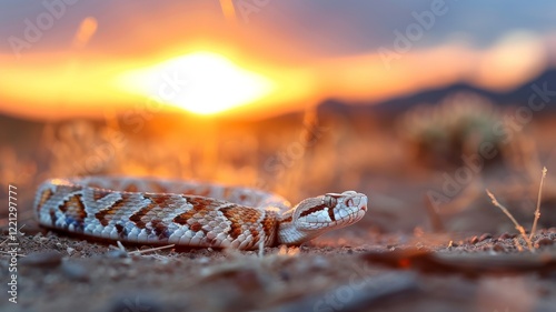 Rattlesnake in Desert: A western diamondback rattlesnake coiled on red desert sand. Reptile. Wildlife. Snakes.