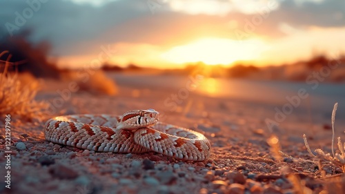 Rattlesnake in Desert: A western diamondback rattlesnake coiled on red desert sand. Reptile. Wildlife. Snakes.