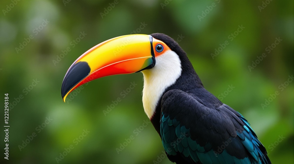 Fototapeta premium Vibrant toucan with colorful beak isolated on a tropical forest background, perfect for nature education or tropical themes