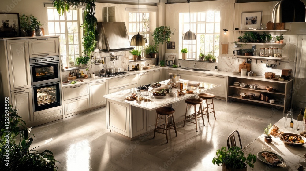 Sunlit kitchen with island, double oven, and ample storage. Sunlit kitchen with island, double oven, and ample storage.