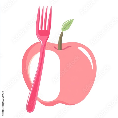 Pink Apple with Fork, Simple Healthy Food Illustration photo