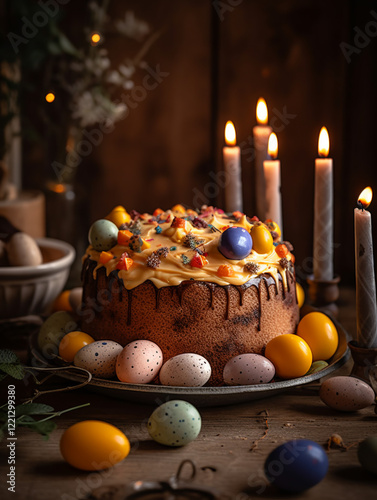 Beautiful Easter cake with multycolor eggs candles AI generated photo