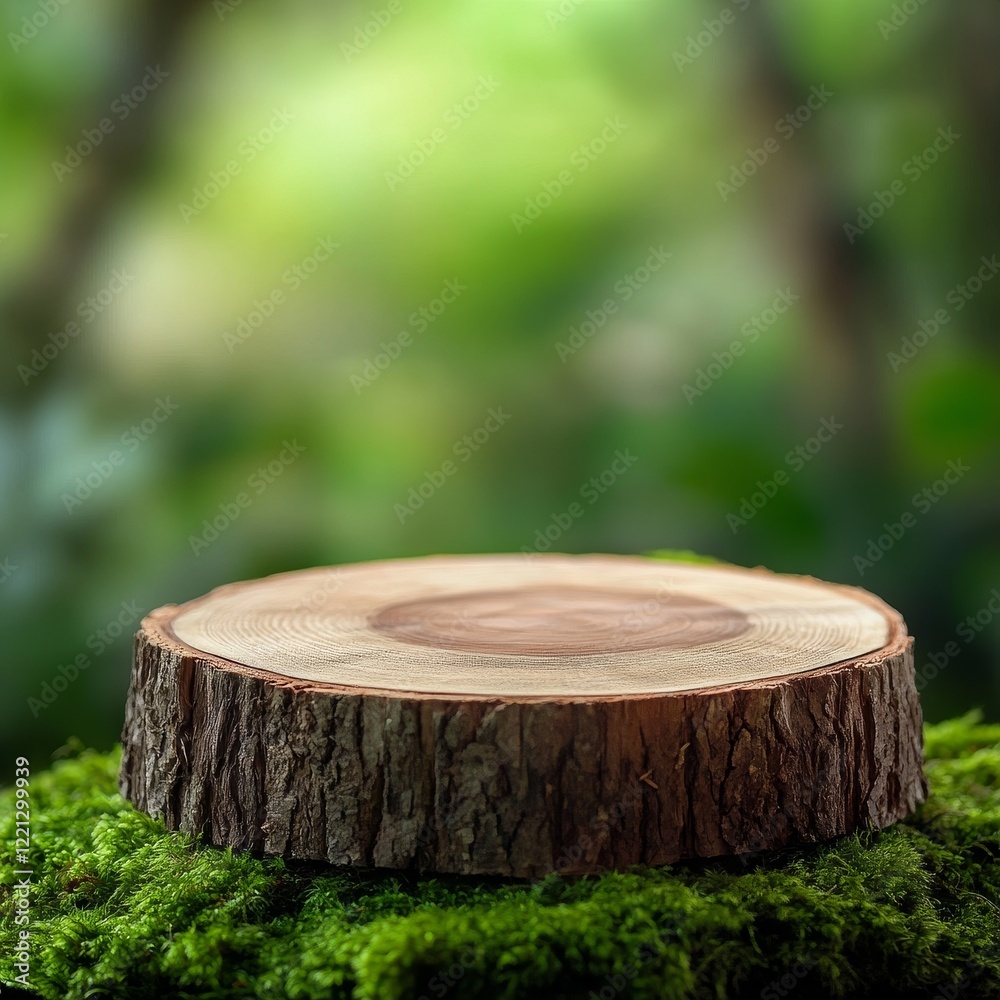 Wooden stump on green moss and bokeh background, nature concept Wooden stump on green moss and bokeh background, nature concept