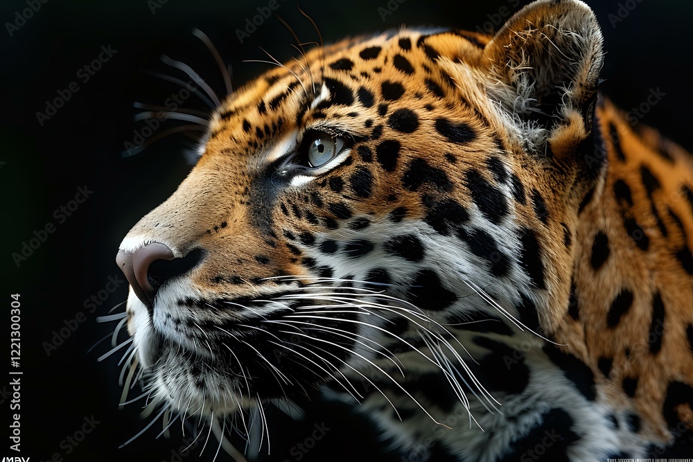 Fototapeta premium Dramatic close-up portrait of majestic jaguar head against dark background showcasing detailed spotted fur pattern, piercing blue eyes and powerful facial features perfect for wildlife publications.