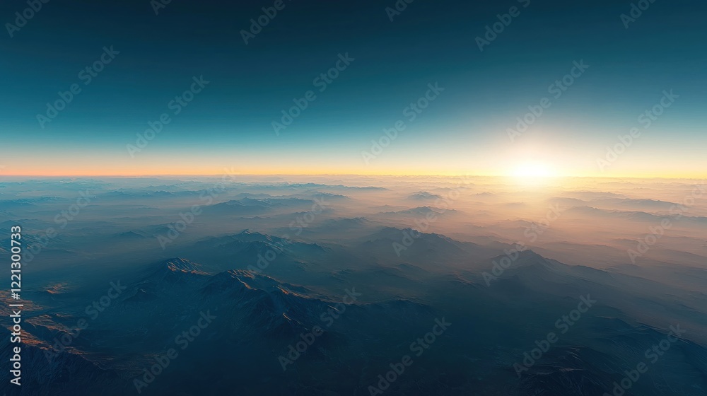 Aerial sunrise over misty mountains, alien planet, science fiction backdrop Aerial sunrise over misty mountains, alien planet, science fiction backdrop