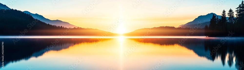 Fototapeta premium Radiant aura illuminating a peaceful lake at sunrise