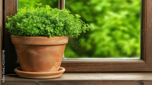 Bright green herb plant thrives in a terracotta pot, positioned on a wooden windowsill. lush garden is visible in the background, creating a serene and natural atmosphere during daylight