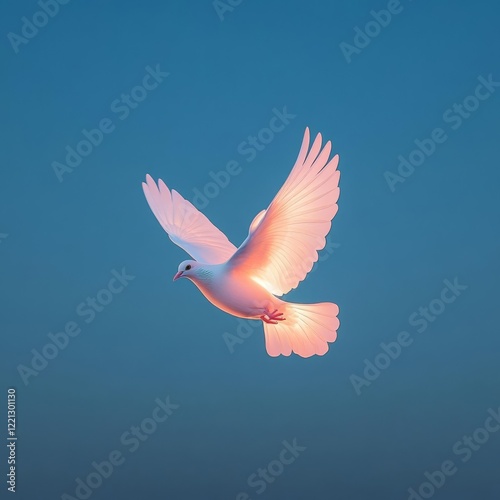 Radiant dove glowing softly with divine light, flying through a serene sky photo